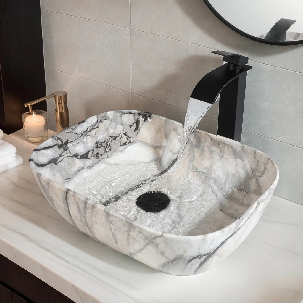 Ceramic Bathroom Vessel Sink with Black Faucet