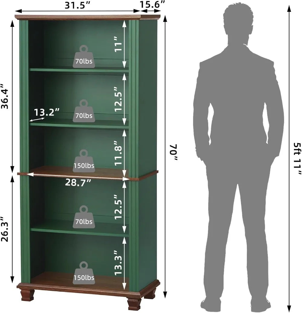 70" Tall 5-Tier Wooden Bookshelf