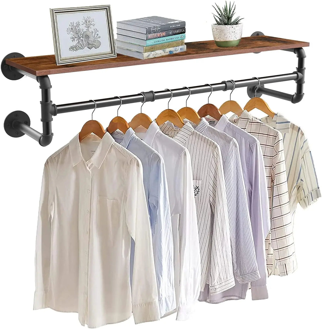 Industrial Pipe Hanging Rack with Wood Shelf Wall Mounted