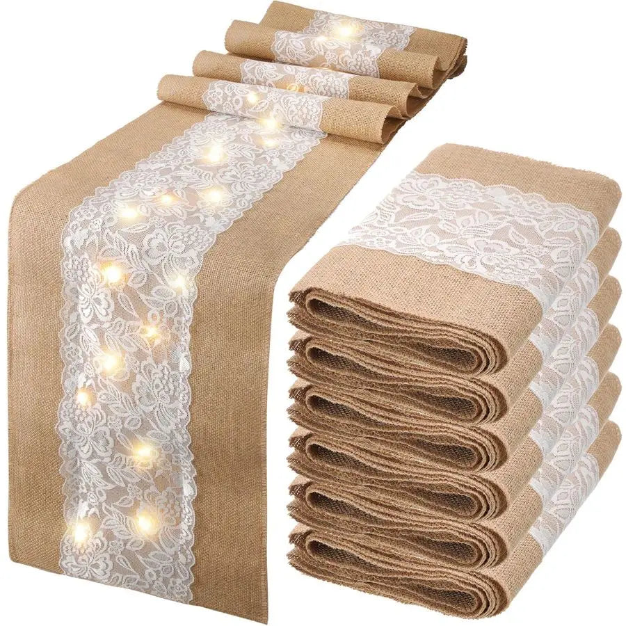 6 Pack Burlap Table Runner with LED String Lights