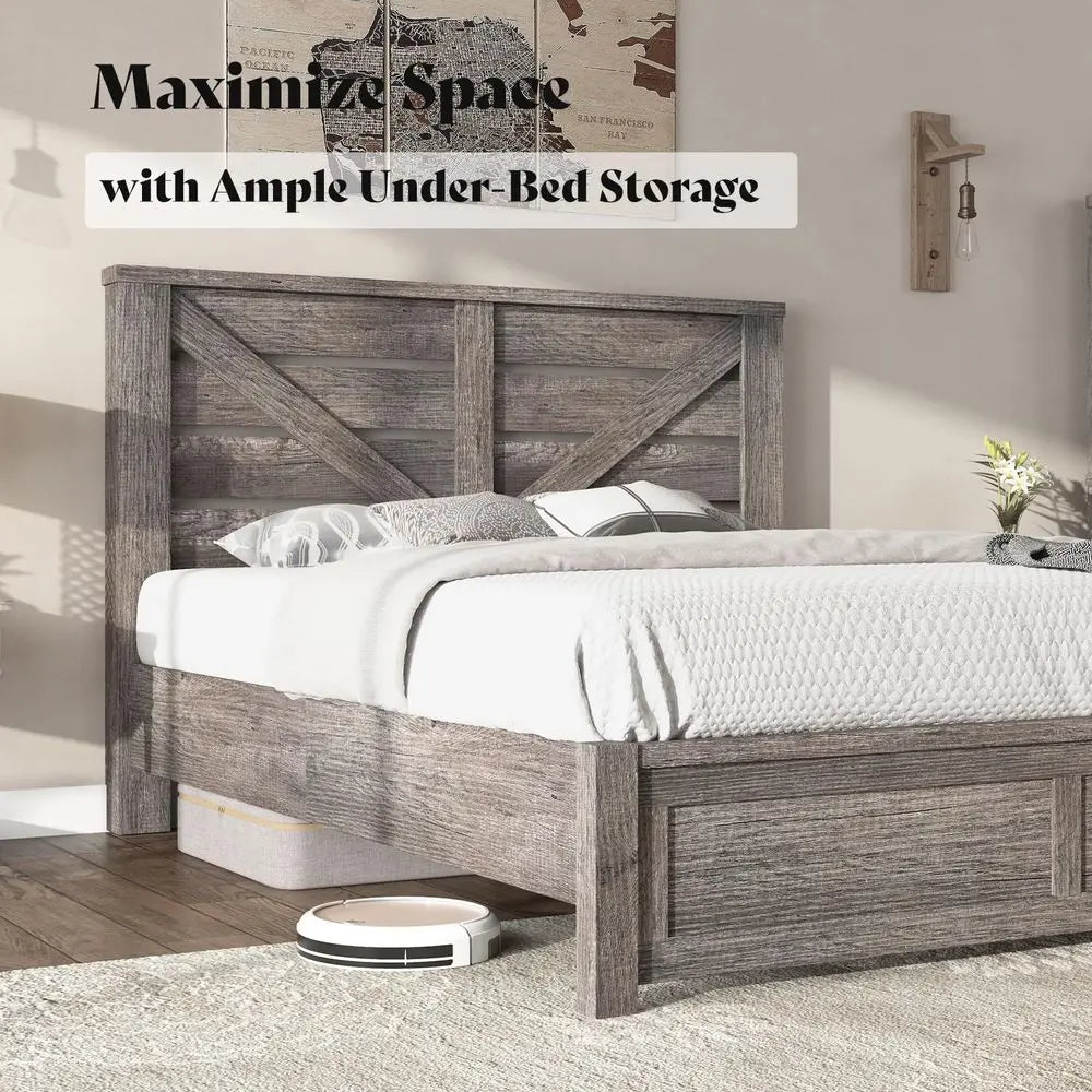 Queen Size Bed Frame with 49.2 Barn Door Headboard