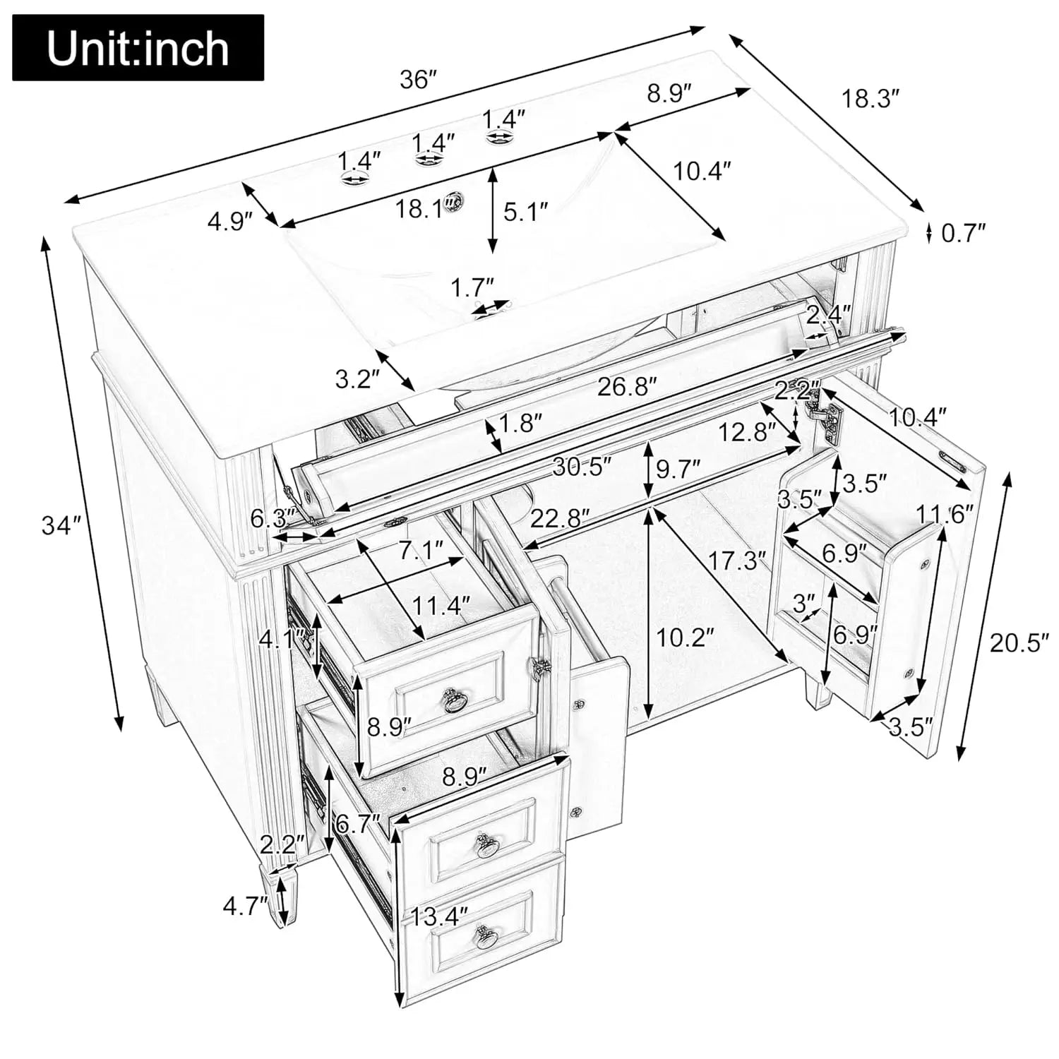 36" Bathroom Vanity with Ceramic Sink Top