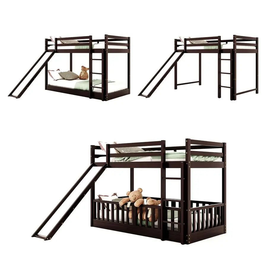 Wooden Twin Over Twin Bunk Bed with Ladder and Slide