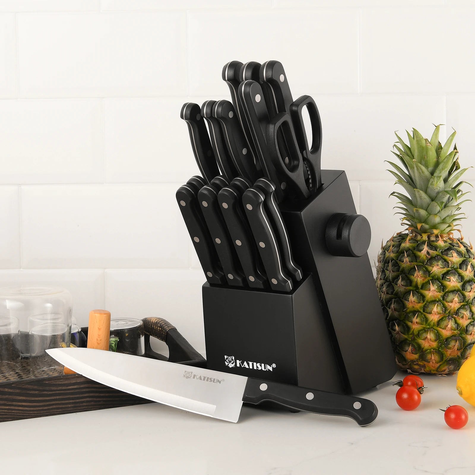 19 Pieces Carbon Steel Kitchen Knife Block Set
