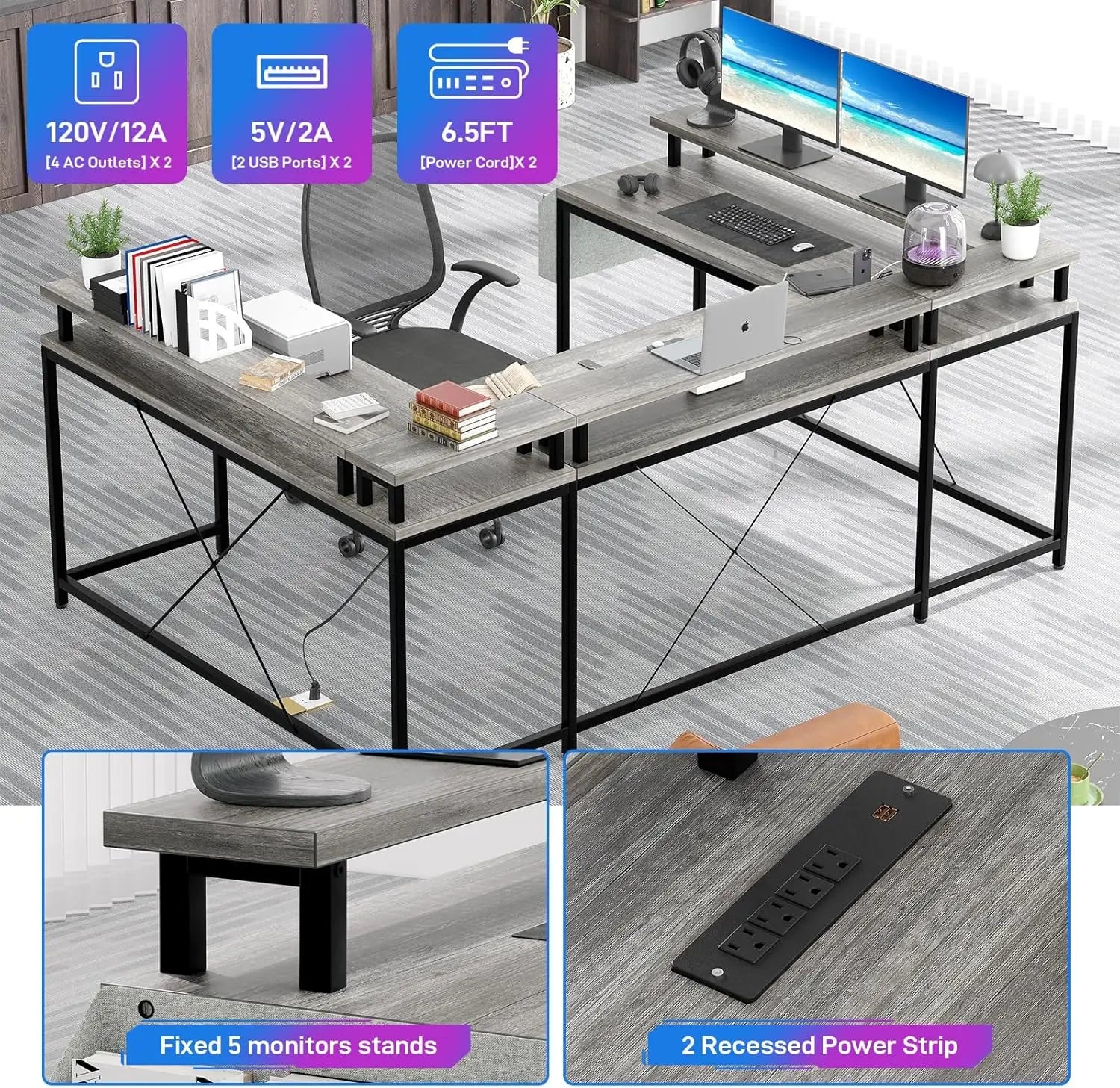 Gaming Desk with Monitor Stand and Storage Shelves