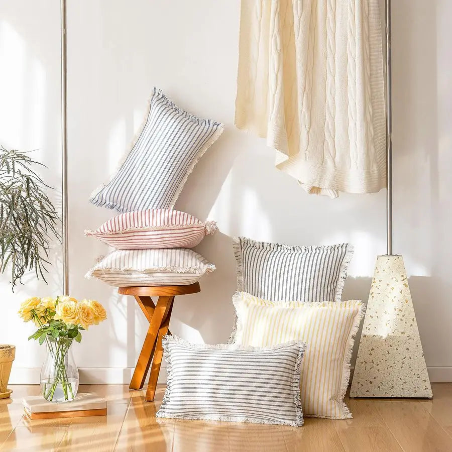 Pillow Covers 26x26 Set of 2 Striped, Fringed