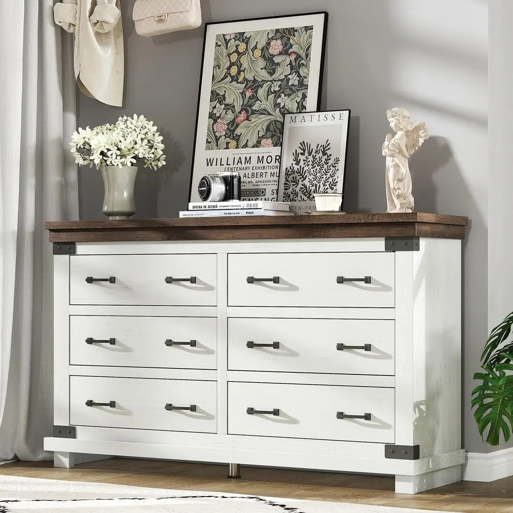 Farmhouse 6 Drawer Wide Dresser for Bedroom