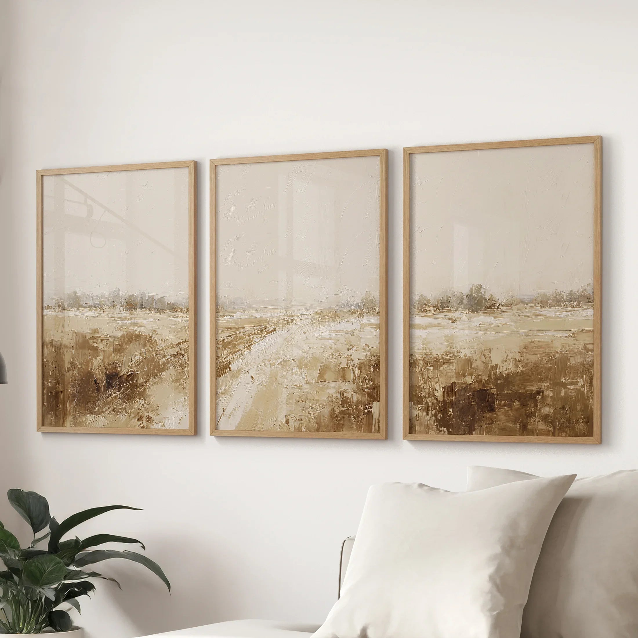 Neutral Abstract Landscape Art. Beige Farmhouse Triptych