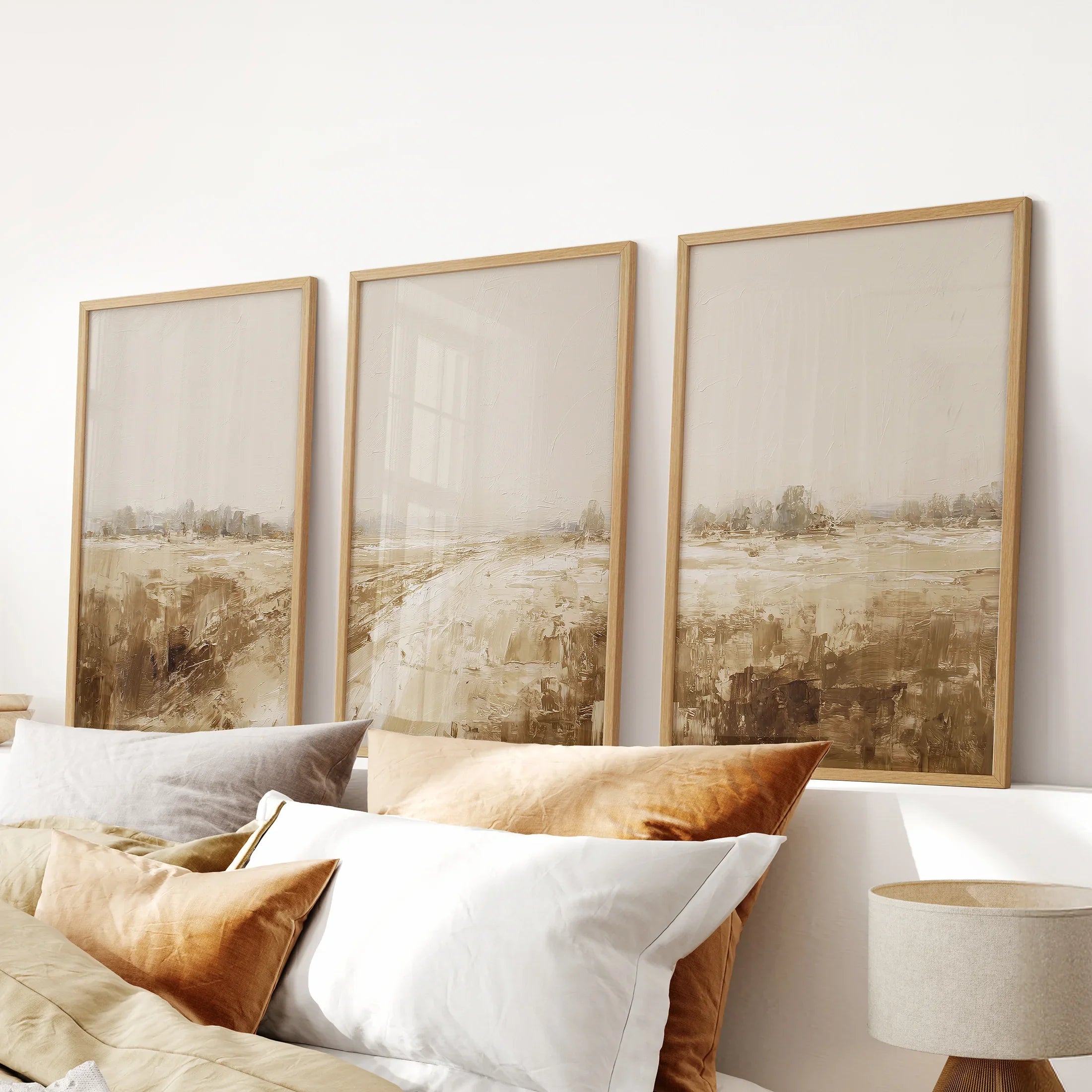 Neutral Abstract Landscape Art. Beige Farmhouse Triptych